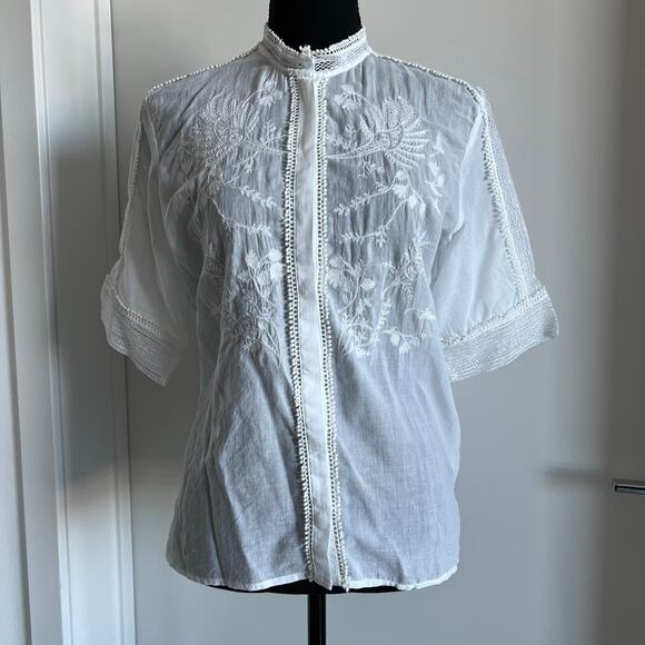 J Crew Embroidered Lace Trim Button Up Shirt In Cotton Voile Size 2 White FLAWS - Picture 2 of 16